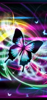 Colorful butterfly and neon swirls in abstract wallpaper design.