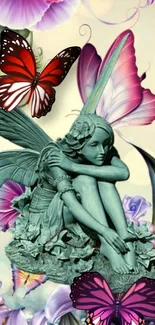 Fairy statue surrounded by vibrant butterflies and pastel flowers in a whimsical setting.