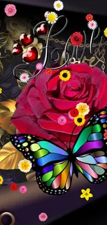 Vibrant mobile wallpaper with colorful butterfly and floral design on a crimson background.