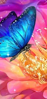 Blue butterfly on vibrant pink flower, sparkling background.