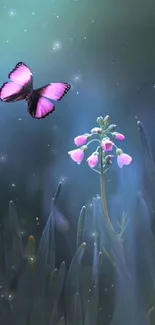 Vibrant butterfly above flowers in serene nature scene.