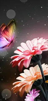 Vibrant butterfly hovering over colorful flowers at night.