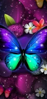 Colorful butterfly on a floral background, with blue and purple hues.