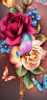 Colorful roses and butterflies on artistic wallpaper.