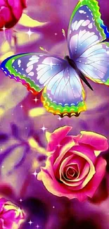 Colorful butterfly fluttering over vibrant pink roses in a dreamy art style.