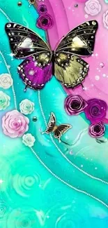 Vibrant butterfly and roses on turquoise mobile wallpaper.