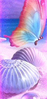 Colorful butterfly on seashells by the beach in bright pastel hues.