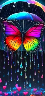 Colorful butterfly under a glowing umbrella with raindrops.