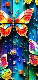 Colorful butterflies on vibrant, artistic background.