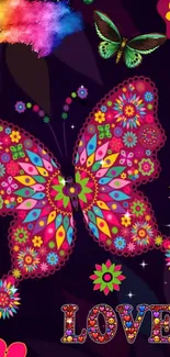 Vibrant butterfly with colorful floral patterns and 'LOVE' text on dark background.