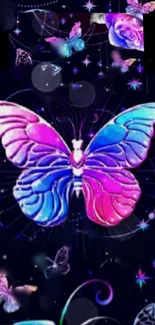 Colorful butterfly art wallpaper with pink, purple, and blue hues on a dark background.