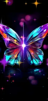 Vibrant butterfly with colorful wings and starry night background.