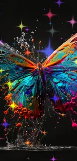 Vibrant butterfly with neon color splash on black background.