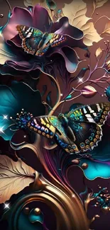 Colorful artistic wallpaper with butterflies and flowers.