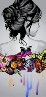 Grayscale woman with colorful butterflies on her back in artistic wallpaper.