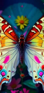 Vibrant butterfly with colorful wings on floral background.