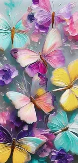 Colorful butterfly wallpaper with pastel hues and floral accents.