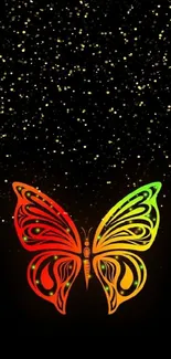 Neon butterfly design on black background with vibrant colors.