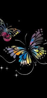 Colorful butterflies on black wallpaper.