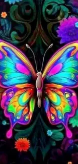 Colorful vibrant butterfly with floral background.