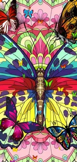 Colorful butterfly mandala mobile wallpaper with vibrant details.