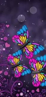 Colorful butterflies with purple swirls on dark background.