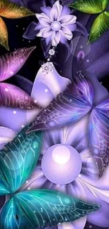 Colorful butterfly and floral mobile phone wallpaper with a purple theme.