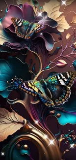 Artistic colorful butterflies on floral design wallpaper.