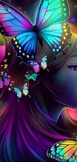 Colorful wallpaper featuring butterflies and vibrant floral design with a fantasy theme.