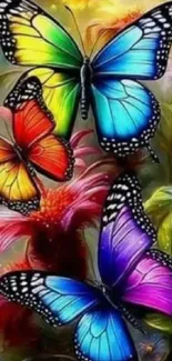 Colorful butterflies on floral background.