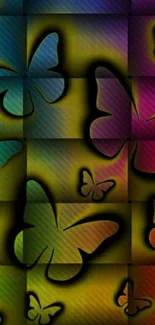 Colorful butterfly silhouettes on gradient background for mobile wallpaper.