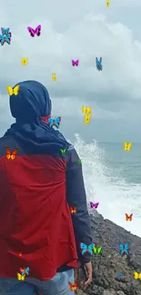 Beach view with butterflies and waves.