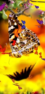 Vibrant wallpaper featuring a colorful butterfly in a floral setting.