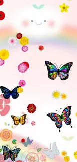 Whimsical wallpaper with butterflies, flowers, and a pastel rainbow.