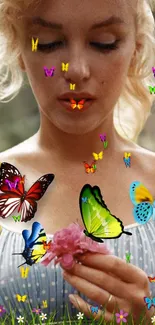 Woman with colorful butterflies and pink flower in nature setting.