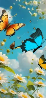 Colorful butterflies and daisies under a bright blue sky.