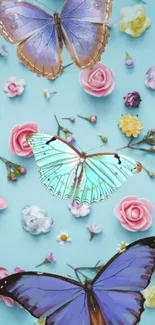 Vibrant butterfly and floral design on a blue background wallpaper.