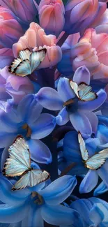 Blue butterflies resting on colorful blooming flowers.