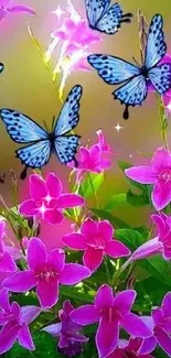 Blue butterflies and pink flowers in vibrant wallpaper.