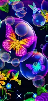 Colorful butterfly wallpaper with bubbles and flowers on dark background.