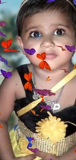 Child in yellow dress with colorful butterflies on mobile wallpaper.