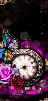 Vibrant clock and butterfly with roses on a colorful wallpaper background.