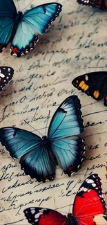 Colorful butterflies on vintage script background.
