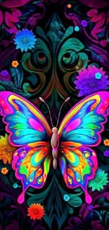 Colorful butterfly with floral accents on black background.