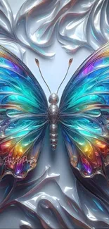 Vibrant butterfly with colorful wings on decorative background.