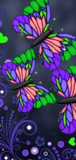 Colorful butterflies and floral patterns on a vibrant wallpaper.