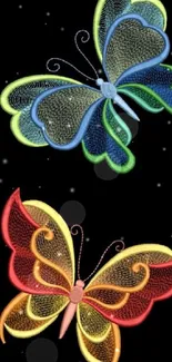 Intricate colorful butterfly design on a black background wallpaper.