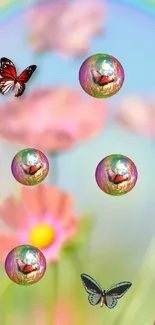 Vibrant mobile wallpaper with butterflies, bubbles, pink flowers, and a rainbow.