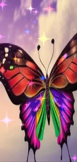 Colorful butterfly against dreamy sky wallpaper.