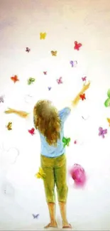 Girl with colorful butterflies on dreamy wallpaper.